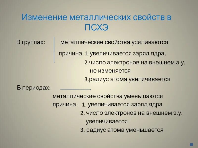 Изменение свойств в группе. Изменение металлических свойств. Изменение свойств в ПСХЭ. Металлические свойства усиливаются. Заряд ядра изменение свойств в периодах.