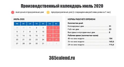 Календарь рабочих дней июль