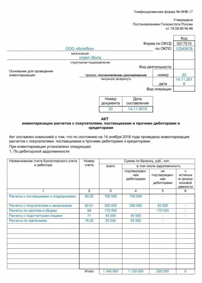 Инвентаризация дебиторской задолженности образец