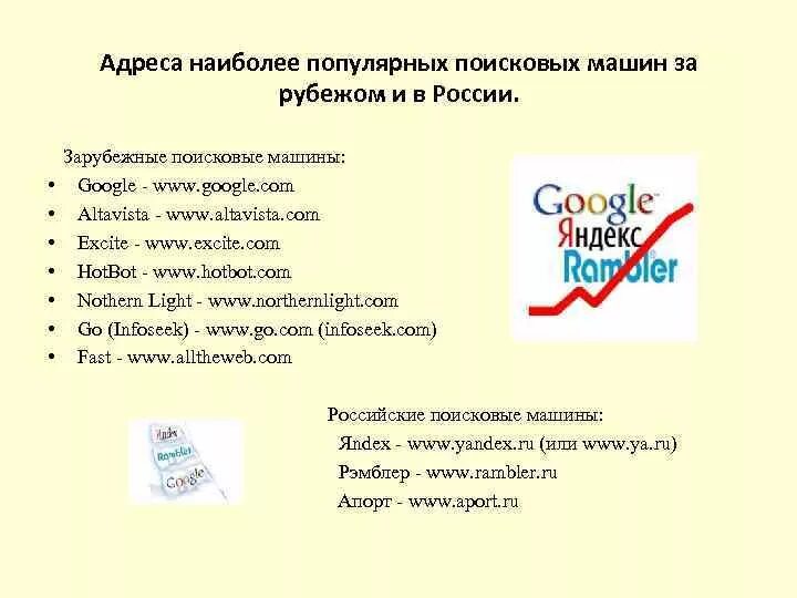 Знаменитые адреса. Популярные поисковые системы. Поисковые системы и каталоги. Отечественные поисковые системы. Назовите наиболее популярные поисковые машины интернета.