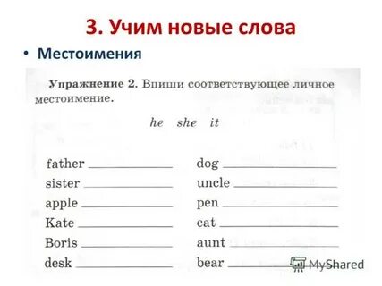 Соотнесите предложенные местоимения с пропусками