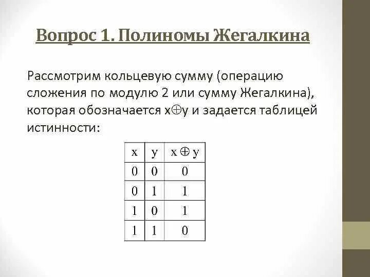 Кольцевая сумма. Сумма по модулю 2 таблица истинности. Линейная булева функция. Многочлен Жегалкина. Операция сложения по модулю 2.