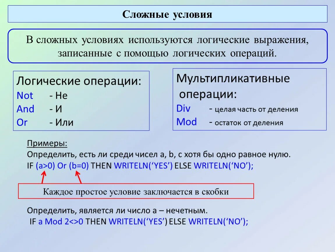 Логические операции. Сложные логические выражения. Логические операции в Паскале. Логические операции в Паскале примеры.