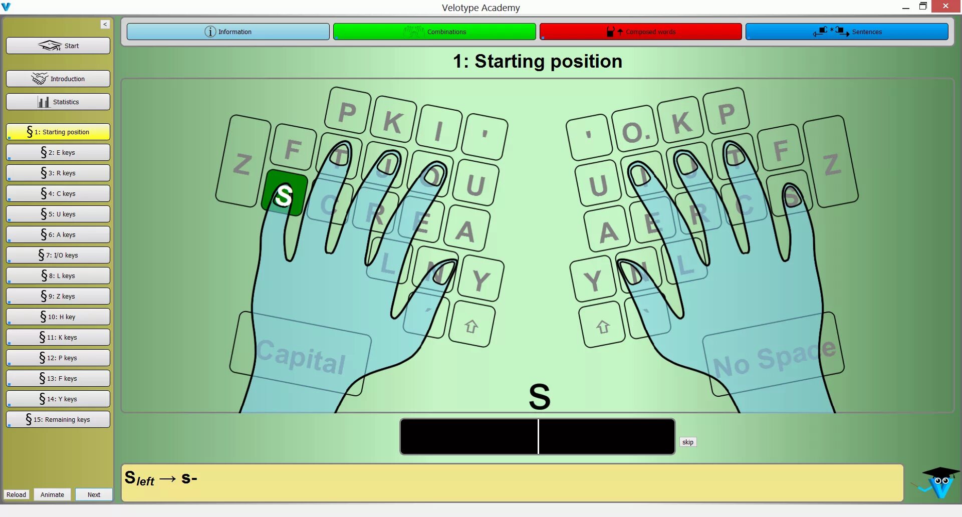 Key position. Academy starts. velotype. key position codes.
