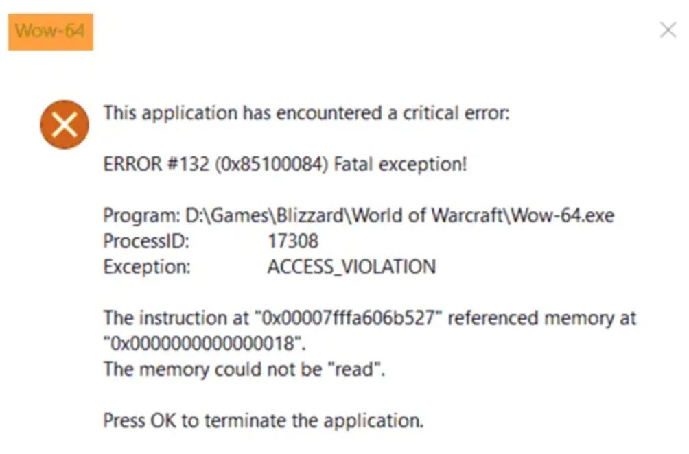 Error 132 0x85100084 fatal. Ошибка 132 wow. вов ошибка. error #132 0x85100084 fatal exception wow как исправить. this application has encountered a critical error wow.