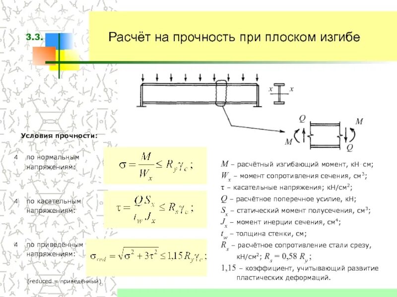 Изгиб изгибающий момент. Условие прочности по касательным напряжениям при изгибе. расчётное условие прочности при изгибе. момент сопротивления при расчете на изгиб. условие прочности касательные напряжения при изгибе.