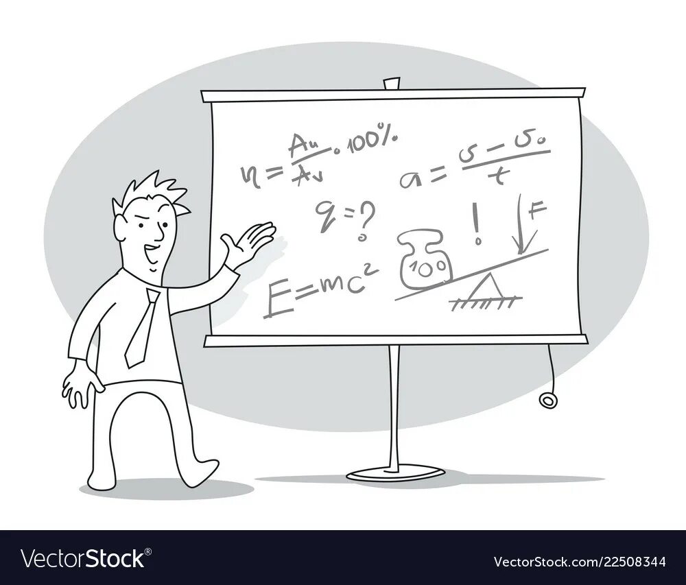Is a lecture being given. Whiteboard cartoon. giving a lecture. мужчина перед доской читает дневность.