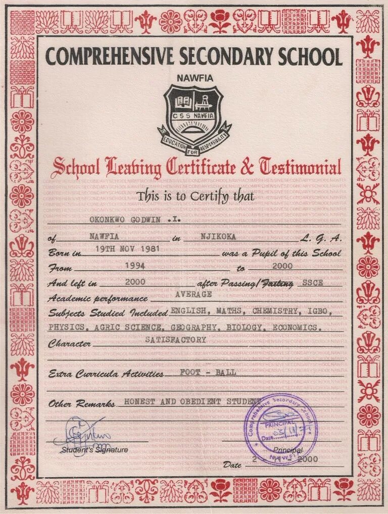 Certificate. Secondary School Certificate. School Certificate example.