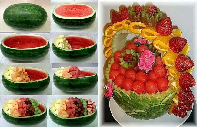 Корзинка из арбуза с фруктами. Фруктовая нарезка с арбузом. Арбуз на праздничном столе. Фруктовая нарезка с арбузом. Фруктовая нарезка с арбузом.