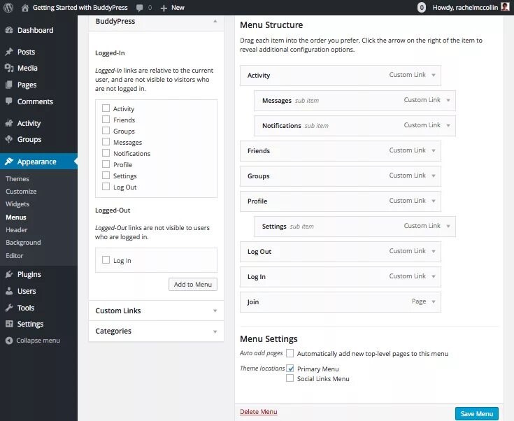 Save меню. Плагин настройки профиля для buddypress. user profile menu. buddypress registration widget. save menu.