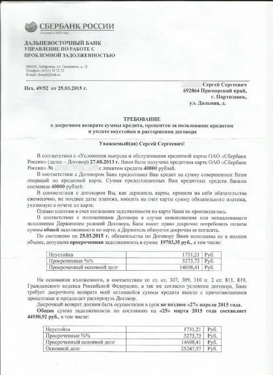 Требование о погашении кредита