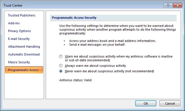 Безопасность Windows Outlook. Genius програматик. Never warn me about suspicious activity (not recommended). Suspicious activity