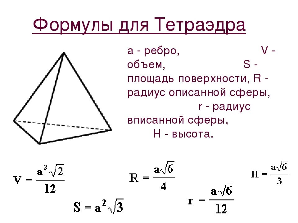 Площадь поверхности тетраэдра. Объём правильного тетраэдра формула. Высота правильного тетраэдра формула. Формулы площади и объема тетраэдра. Площадь тетраэдра формула.