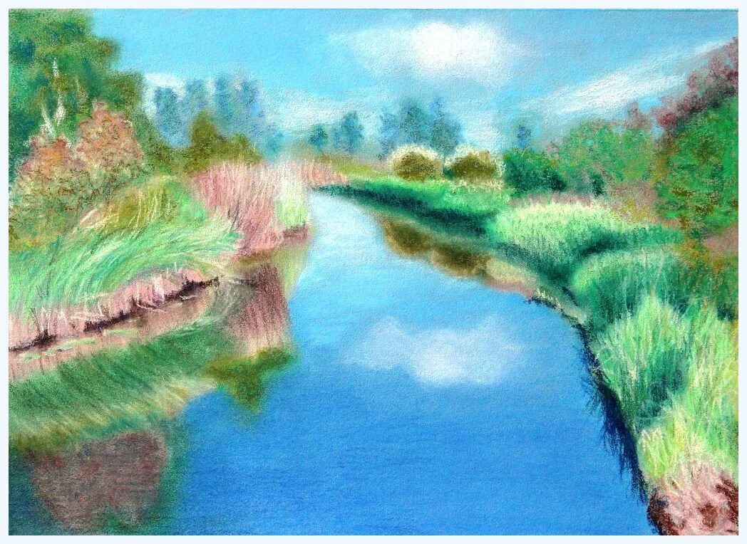 Путь реки пейзаж 6 класс. Пейзаж цветными карандашами. Пейзажи природы карандашом цветные. Красивые пейзажи цветными карандашами. Река цветными карандашами.
