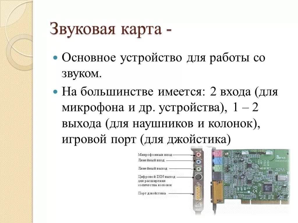 Звуковая карта ответ. Звуковая карта внутренняя описание платы. Устройства для работы со звуком. Основные характеристики звуковой карты. Звуковая карта это кратко.