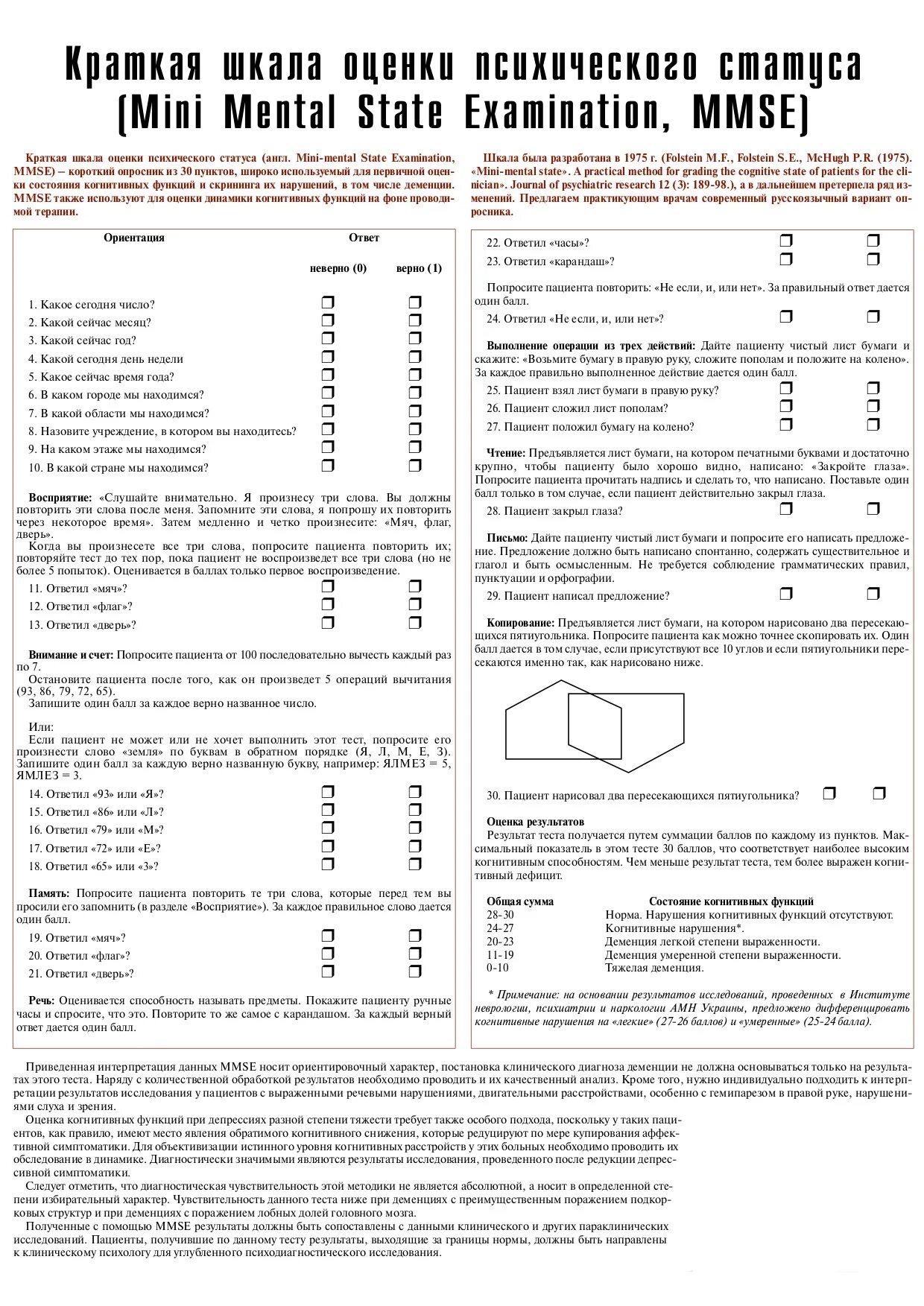 Шкала оценки психического статуса. Шкала когнитивных нарушений MMSE. Краткая шкала психического статуса MMSE. Краткой шкале оценки психического статуса (MMSE). MMSE интерпретация результатов.