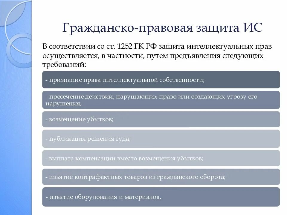 Правовые способы защиты интеллектуальных прав. Способы защиты объектов интеллектуальной собственности. Гражданско-правовая защита интеллектуальной собственности. Способы охраны интеллектуальной собственности. Исключительное право защита интеллектуальных прав