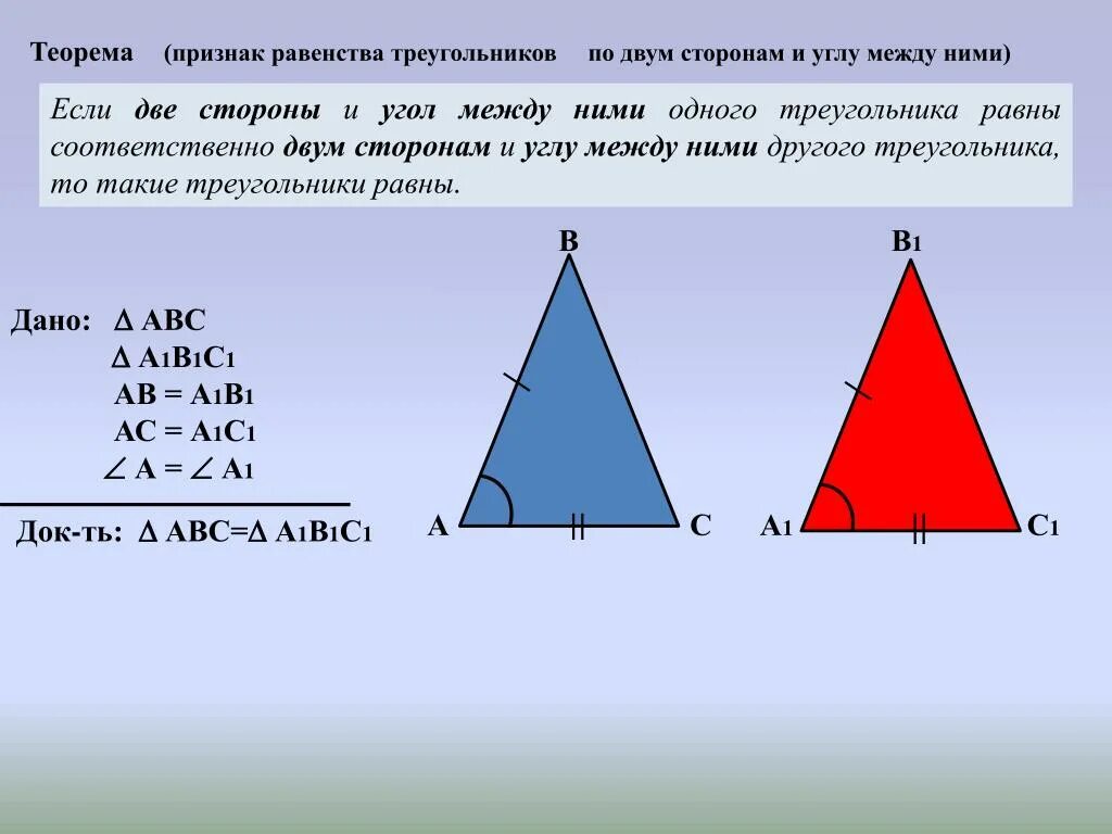 По 2 м сторонам и углу. Теорема по 2 сторонам и углу между ними. Признаки равенства треугольников. Признак равенства треугольников по двум стор. Равенство треугольников по двум сторонам.