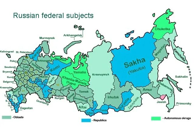 Карта России на английском языке. Карта субъектов РФ на английском языке. Russian Federal subjects. Регионы России на английском.