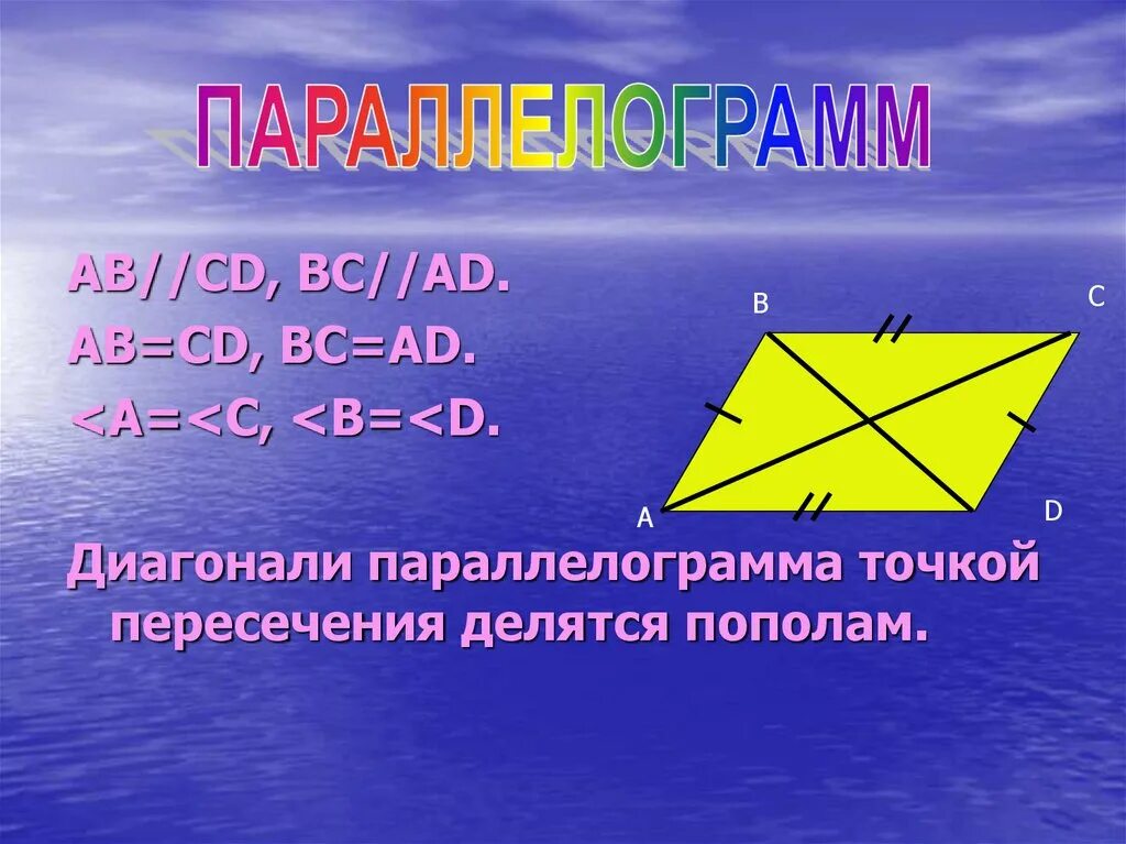 Диагонали параллелограмма точкой пересечения делятся. Диагонали точкой пересечения делятся пополам. Параллелограмма точкой пересечения делятся пополам. Диагонали параллелограмма делятся пополам.