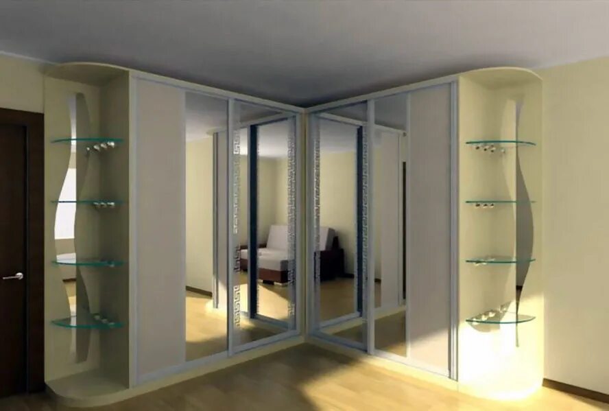 Подсветка углового шкафа. Угловой шкаф-купе в спальню. Необычные шкафы. Угловые встроенные шкафы купе. Шкаф в прихожую с угловыми полками.