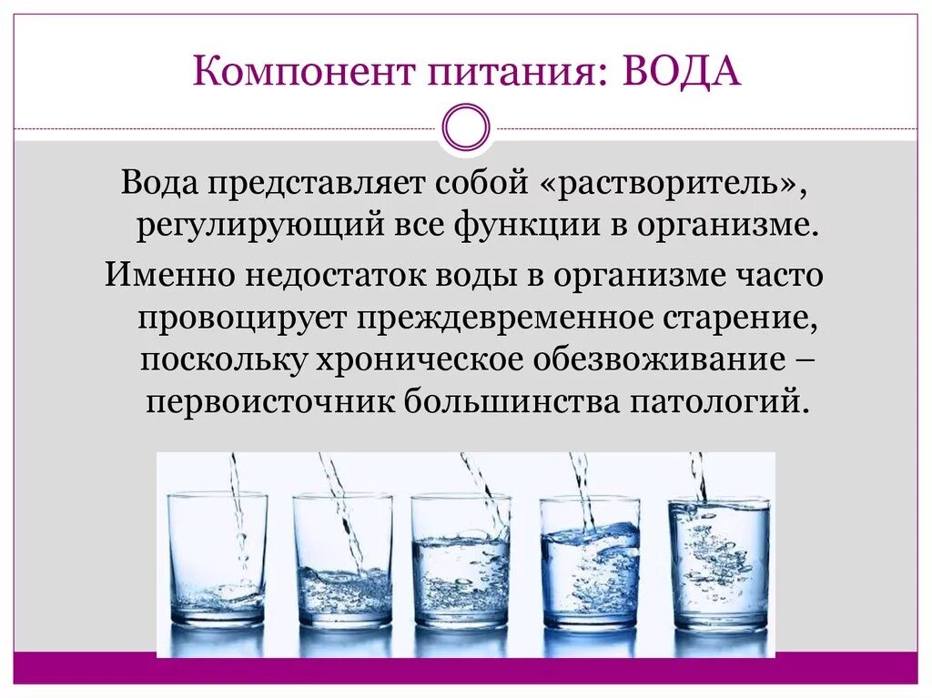 Компонент питания вода. Водно питьевой режим. Роль воды в рациональном питании. Вода как компонент пищи. При 1 вода представляет собой