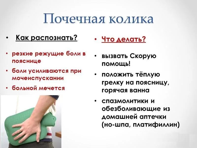 Боль вызванная острыми заболеваниями. Первая помощь при почечной колике. Почечная колика симптомы первая помощь. Памятка при почечной колике. Почечная колика неотложная помощь.