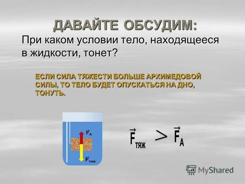 Тело тонет в жидкости если действующая. Силы в физике. Сила тяжести и Архимедова сила.