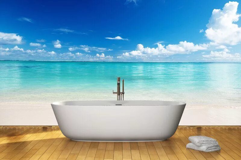 Ванна с видом на море. Фотообои в ванную. Фотообои в ванной комнате. Ванна на фоне моря.