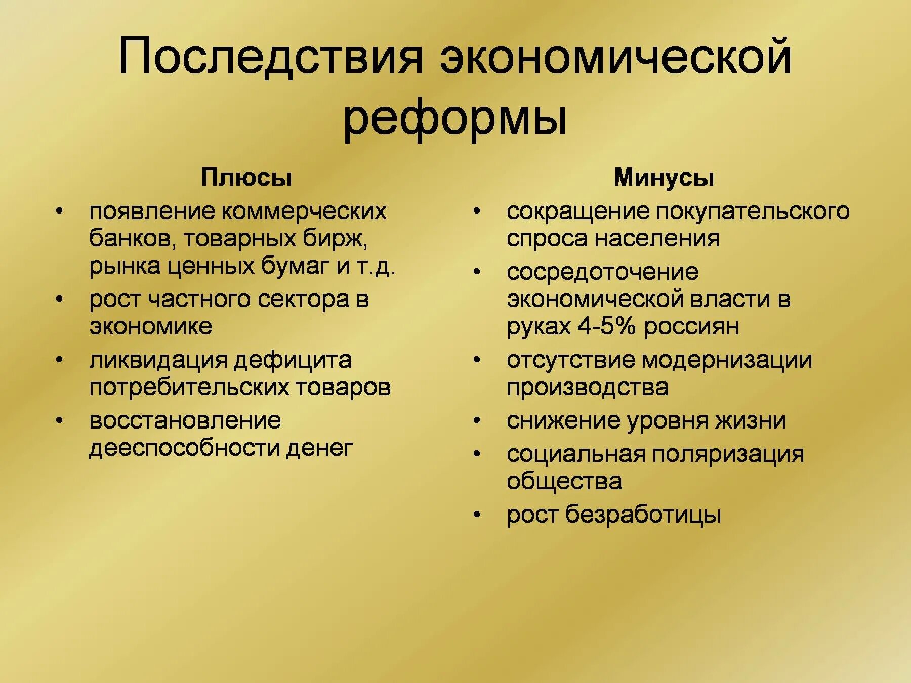 Экономические реформы в россии 1990. Последствия экономических преобразований. Экономические реформы России последствия. Плюсы и минусы экономических реформ. Последствия экономических преобразований 1990 года.