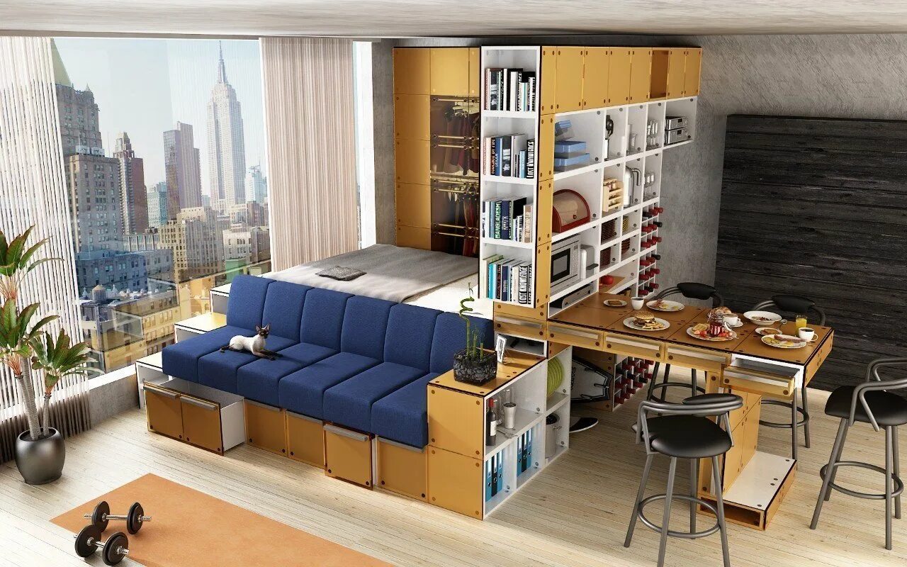 Квартира сколько места. Многофункциональная мебель для маленькой квартиры. Функциональный интерьер. Компактная мебель для квартиры студии. Функциональная мебель в маленькой квартире.