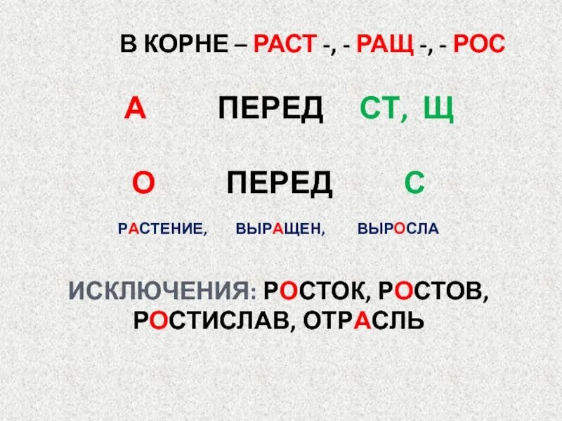 Ростов исключение из правила. Буквы а о в корне раст рос ращ. Корни раст рос исключения. Чередование гласных в корне раст рос ращ правило.