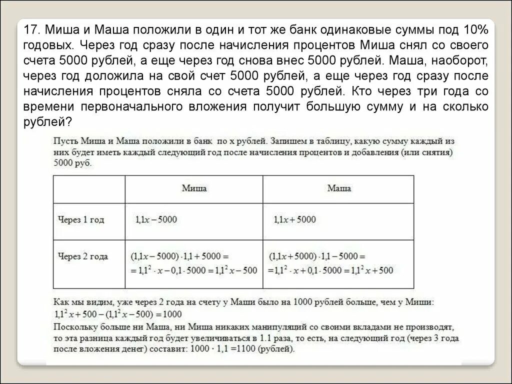 Счет сразу же после. Миша и Маша положили в один и тот же банк одинаковые суммы под 10. Вклад под 10 годовых. Маша и Миша положили в один и тот же банк. Миша и Маша положили на депозит одинаковые суммы под 10 годовых.