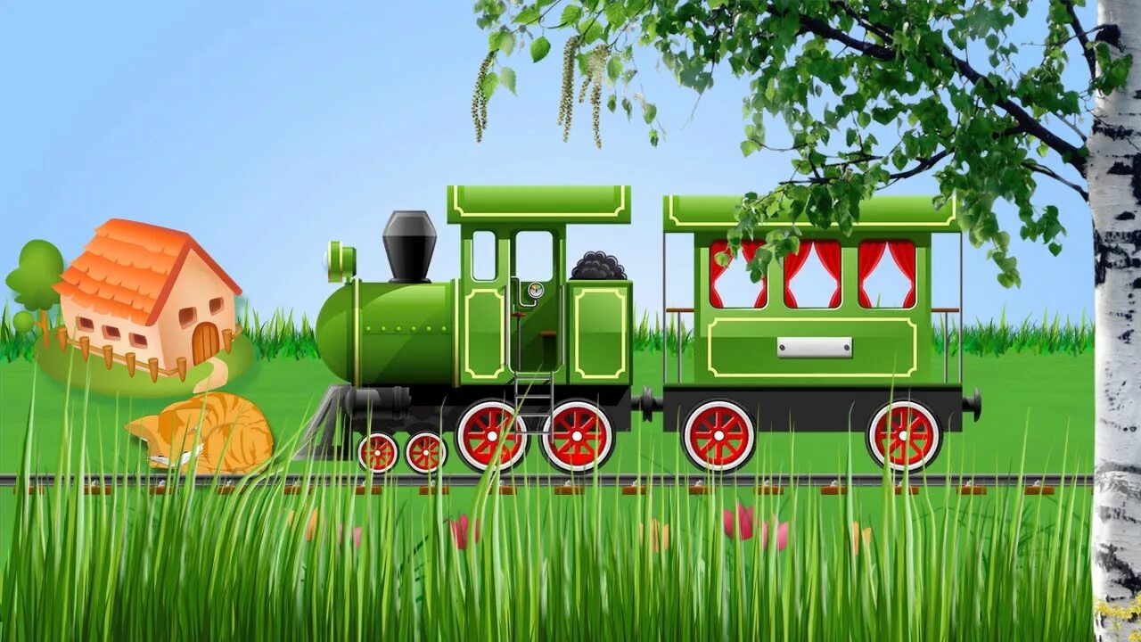 Песня бегут поезда. Паровоз по рельсам. Поляна с паровозом. Паровоз для детей. Паровозик трактор.