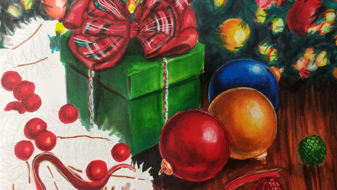 Подарки нарисовать красками. Рисунки на новый год. рисунок новогодний подарок под елкой. подарки под елкой живопись. подарки под елкой арт.