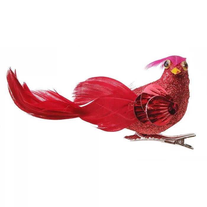 Елочное украшение на клипсе птица. Птица с красными перьями. Елочные украшения птички на зажимах. Птичка красная на елку.