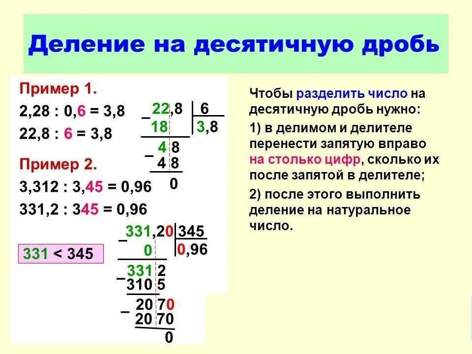 Действие десятичных дробей в столбик