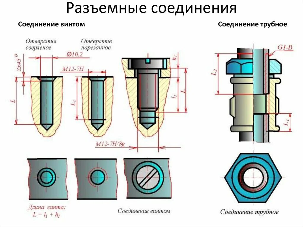 Резьбовые соединения болтом м12. Разъемные соединения соединение Трубное. Резьбовое соединение винтом на чертеже. Инженерная Графика резьба и резьбовые соединения.