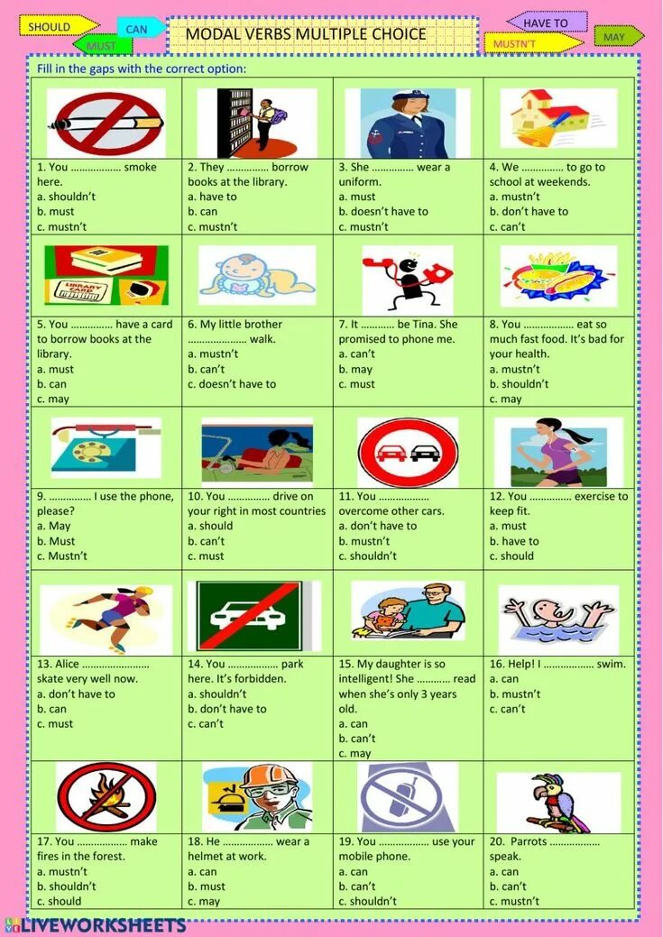 Модальные глаголы Worksheets. Modal verbs multiple choice. Английский modal verbs multiple choice. Модальные глаголы can must Worksheets.