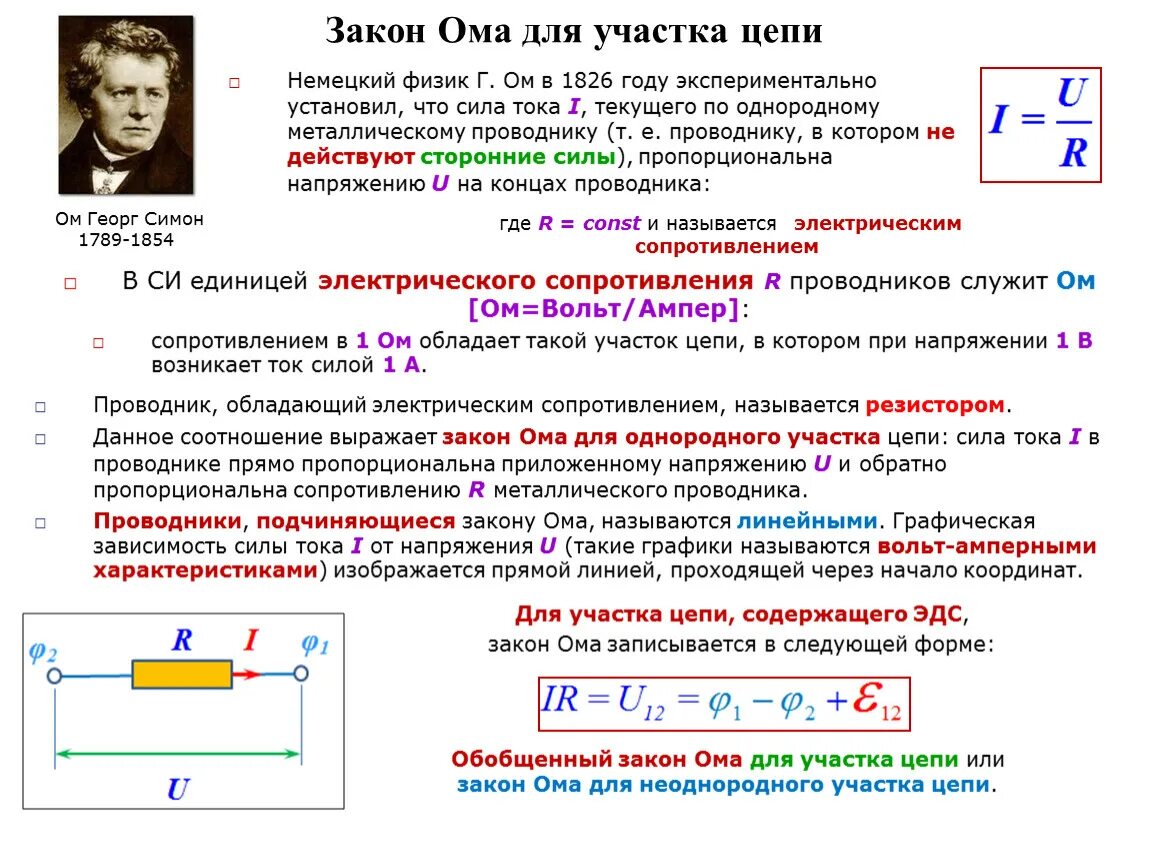 Закон Ома для участка электрической цепи. Закон Ома для участка Эл цепи. Закон Ома для участка цепи с резистором. Закон Ома для участка цепи формула и определение.