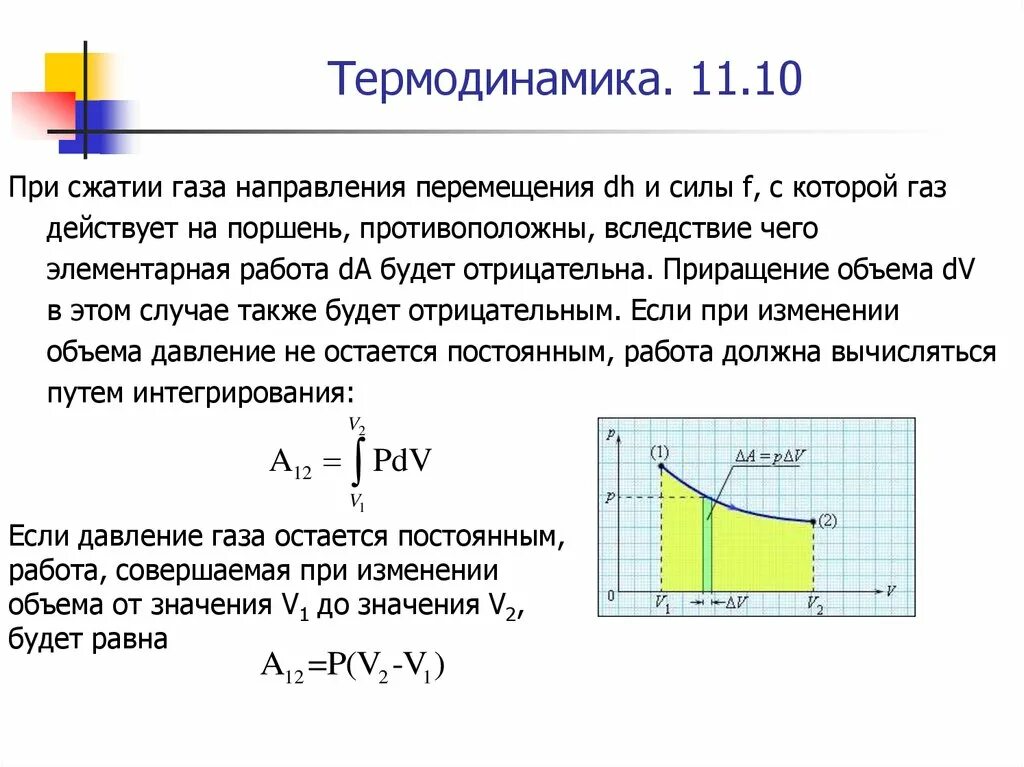 Приращение объема. Работа сжатия газа. При сжатии газа. Работа в термодинамике. Работа газа в термодинамике.