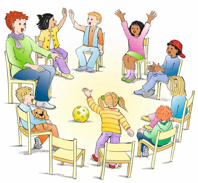Дети сидят на стульчиках в кругу. Дети сидят в кругу иллюстрация. Дети сидят в кругу в детском саду. Воспитатель иллюстрация.