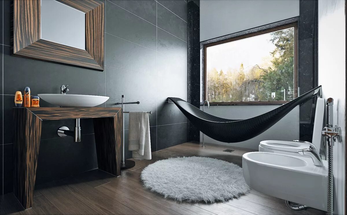 Ванна гамак. Красивая дизайнерская ванная сантехника. Маленькая ванная Эклектика бетон. Bathtub Design.