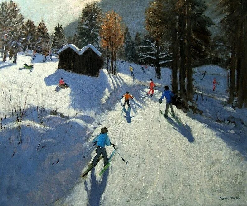 Картина лыжники. Эндрю Макара (Andrew Macara) художник. Лыжники живопись. Пейзаж с лыжниками. Зимний пейзаж с лыжником.