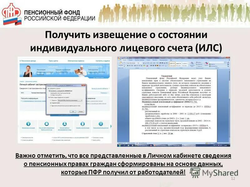 Извещение о состоянии индивидуального лицевого счета. Извещение о состоянии ИЛС. Индивидуальный лицевой счет в ПФР. Сведения о индивидуальном лицевом счете в ПФР.