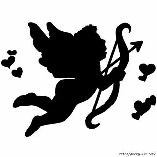 the silhouette of a cupid holding a bow and arrow with hearts flying around...
