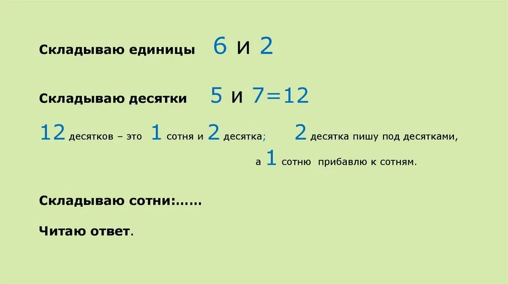 6 единиц 2 десятка. Складываем десятки и единицы. Складываем десятки. Алгоритм сложения трехзначных чисел 3 класс. Алгоритм сложения десяток единиц и сотен.