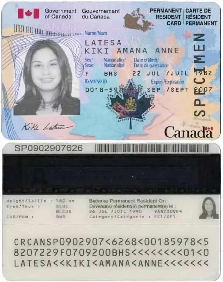 Pr карта. ID карта Канады. Канадская ID карта. Canadian permanent Resident Card.