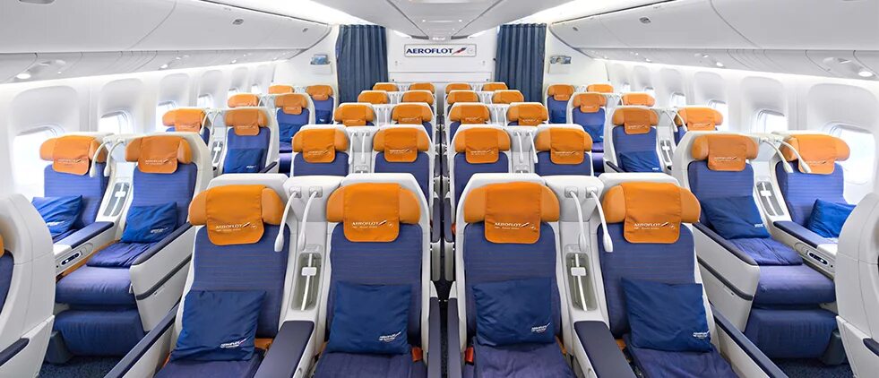 The economy class cabin on the Boeing-777-300 Aeroflot