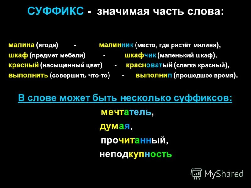 правила разбора слова по составу. изба с суффиксами. однокоренные слова при помощи суффиксов. слова с уменьшительно ласкательными суффиксами. роль суффиксов.